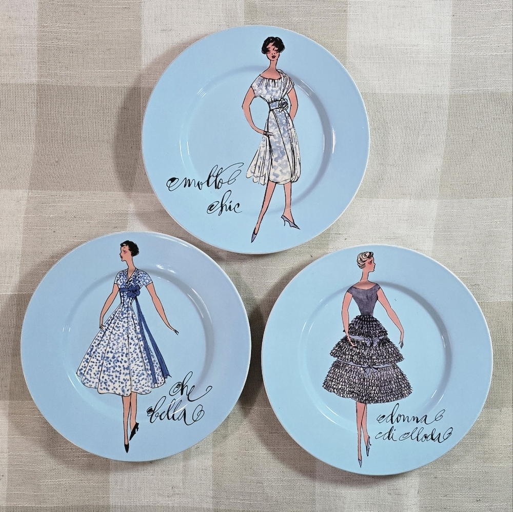 3 Rosanna Blue Chic Elegant Ladies Fashion Vintage Dresses 8" Salad Plates